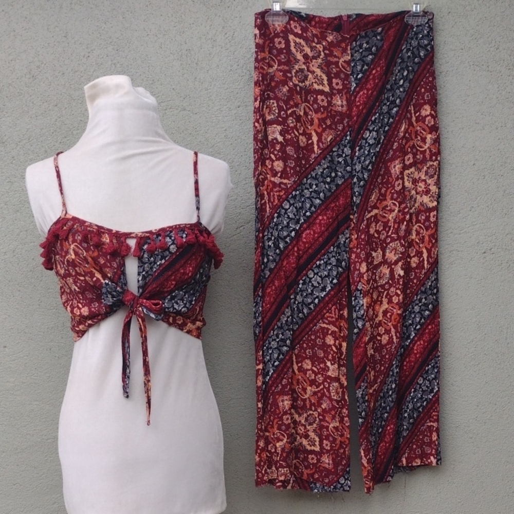 Olivaceous Bohemian Floral Maroon Top and Pant Set Women's Medium
